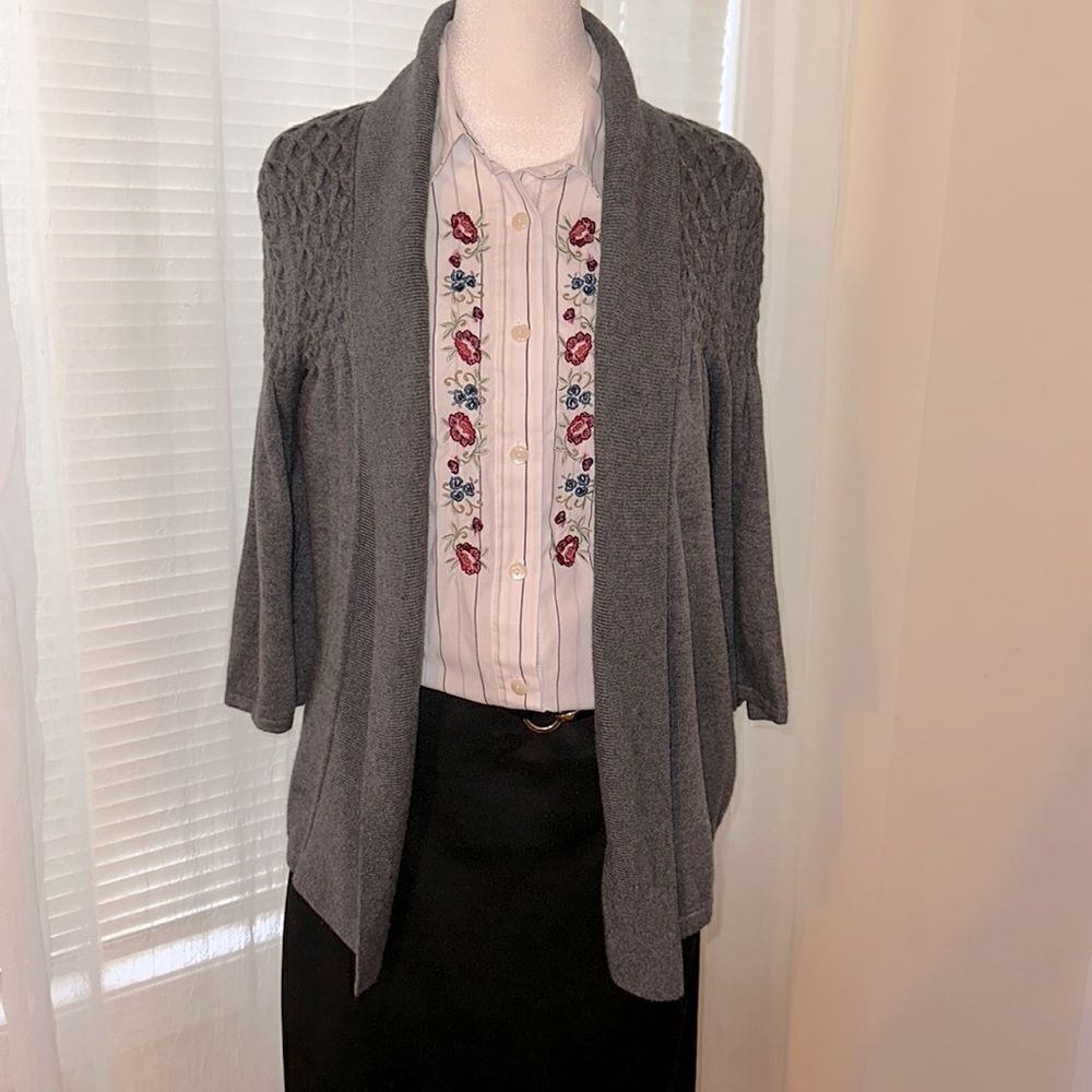 KENAR L Charcoal Gray Knit Open Front Shawl Collar Quarter Sleeve Cardigan